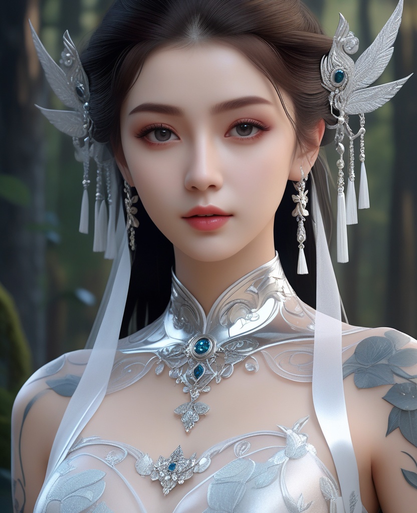<lora:588-DA-XL-梦塔·雪谜城-白亦君:0.8>(,1girl, ,best quality, ),looking at viewer,  ,ultra detailed background,ultra detailed background,ultra realistic 8k cg,(masterpiece:1.2),(best quality:1.2),(ultra detailed:1.2),(official art:1.3),(beauty and aesthetics:0.8),detailed,(intricate:0.8),(highly detailed),(solo),delicate countenance,1girl,fancy,(glassy texture:1.2),(crush:1.2),8k,accessory,tattoo,(transparent:1.1),gown,energy encirclement,instant,in the twinkling of an eye,upper body,woman in a mythical forest, masterpiece, perfect face, intricate details, horror theme, raw photo, photo unp(cleavage),,