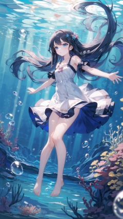 wide shot, (solo:1.3), dramatic angle, (underwater:1.2), masterpiece, best quality, intricate detail, 1girl, swimming, loli, (long hair:1.2), solo, expressionless, blue eyes, looking_up, shoulder strap dress, floating hair, floating clothes, god rays, bubble, barefoot, (full body:1.2), outstretched arm, , perfect hands,