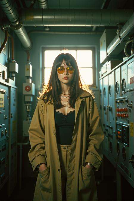 photograph of a woman standing in a dimly lit metallic laboratory. sunbeams from the window diffuse through the woman's hair. She is wearing shiny golden aviator sunglasses. Baggy trendy clothing. faded and desaturated film filter. fuzzy video interference.