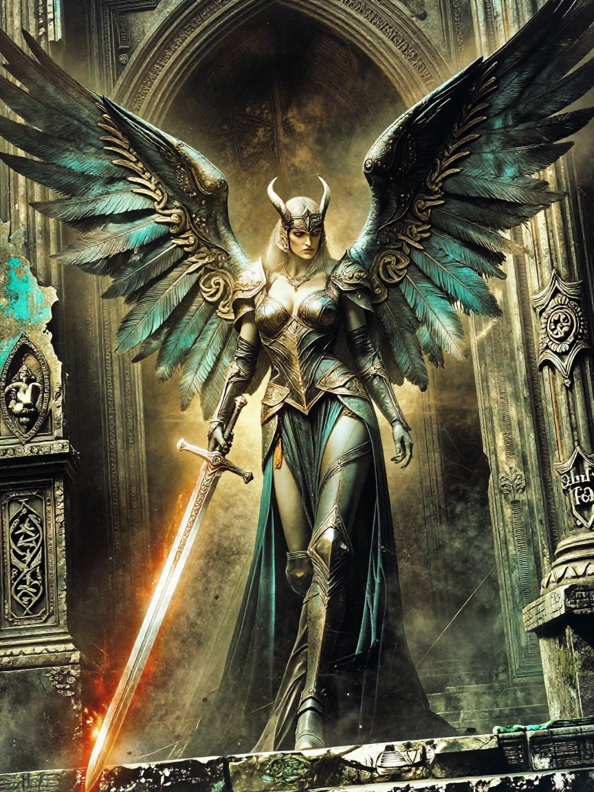 Bradhamel art style. In this breathtaking cinematic shot,  a formidable angelic warrior strides forward through an ancient...