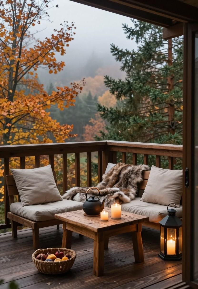 photograph of a cozy wooden balcony,  overcast foggy morning,  autumn forest in the background by user_915539910113382821...