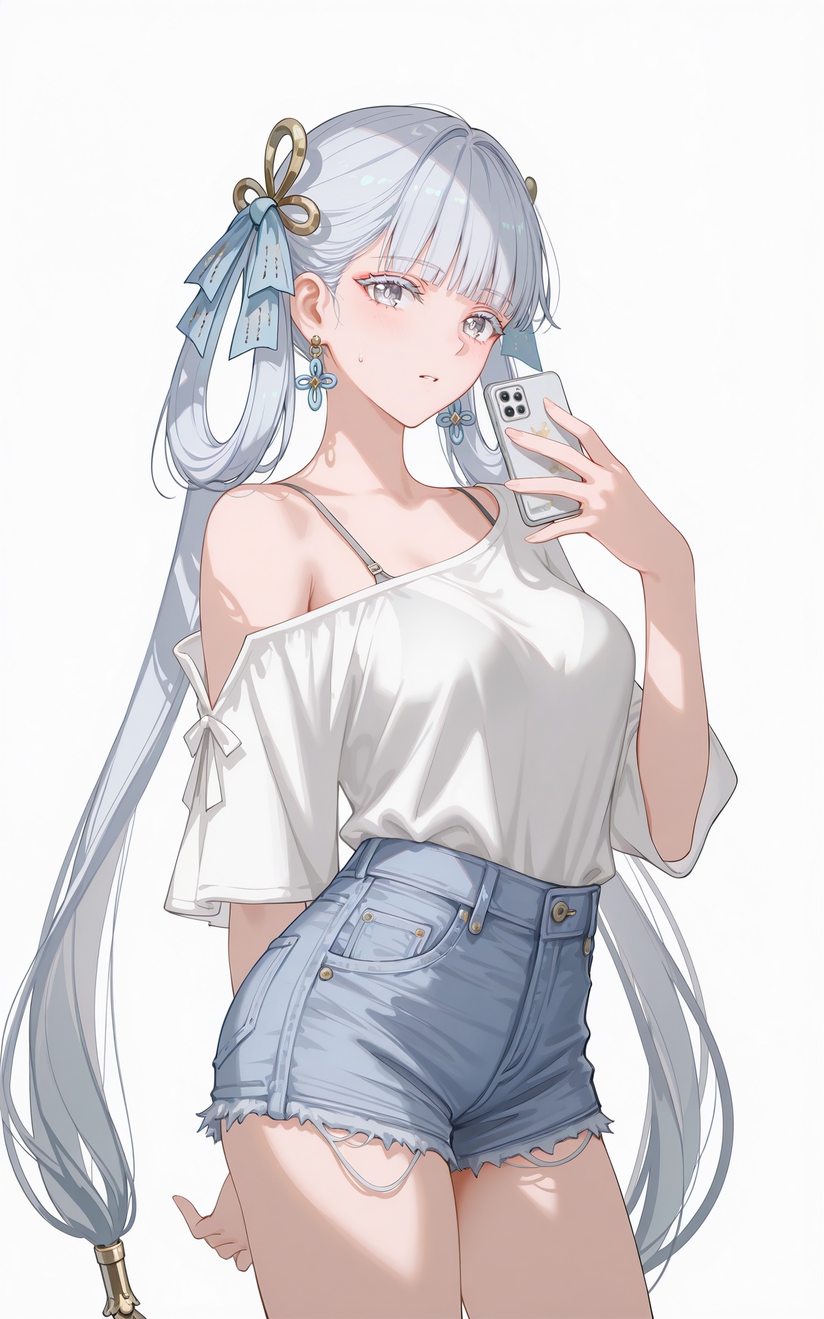8k,best quality,masterpiece,(ultra-detailed),(high detailed skin),((artist:reoen),(artist:fuzichoco),(artist:atdan),(artist:torino_aqua),year 2024:0.8),[artist:wlop],[artist:ningen_mame],artist:ciloranko,[[artist:rhasta]],artist:tidsean,colorful,<lora:xl-ill-jinhsi(wuthering waves)v1-000010:0.8>,jinhsi\(wuthering waves\), 1girl, solo, shorts, long hair, phone, shirt, off shoulder, white background, denim shorts, white shirt, cellphone, denim, looking at viewer, simple background, blush, holding, short shorts, grey eyes, off-shoulder shirt, kamisato ayaka, thighs, holding phone, grey hair, arm behind back, smartphone, bra strap, very long hair, breasts, ribbon, hair ribbon, hair ornament, blue shorts, blunt bangs, alternate costume, cowboy shot, sweatdrop, cutoffs<lora:illustrious_Simple Flat Coloring_v2-000028:0.75>,Simple Flat Coloring,sketch,line,simple background,white background,