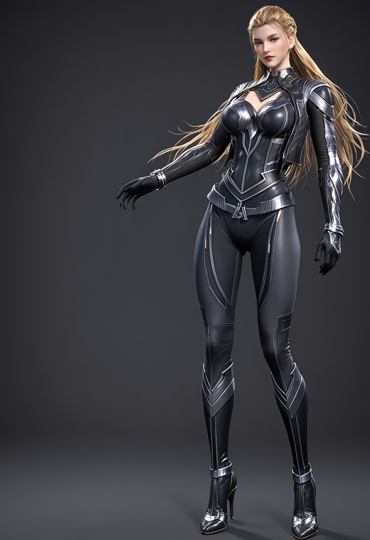 (full_body:1.1),(looking_at_viewer:1.2),(gigantic breasts:0.6),(slender:1.2),facing viewer,<lora:YQ_pony_raoyao_richangfuzhuang_V4:0.8>,q1528437228,1girl,solo,long hair,armor,brown hair,bodysuit,brown eyes,gloves,blonde hair,braid,mole under eye,black bodysuit,boots,grey hair,black hair,jewelry,black gloves,blue eyes,bracelet,belt,green eyes,high heels,(simple background,pure black background,black background:1.1),perfect_anatomy,