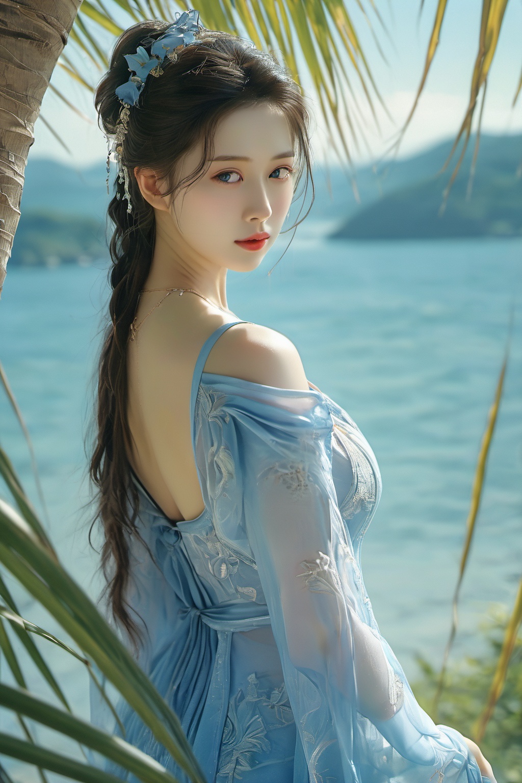 hhfhb,1girl,solo,cleavage,upper body,outdoors,<lora:hbhf-000008:0.8>,looking at viewer,blue dress,, masterpiece, best quality,