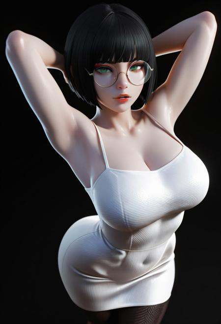 3D, very detailed, flat color, no lineart, Vibrant Contrast, gradient colors, particle effect, (fine fabric emphasis:1.2), (((masterpiece, amazing quality, best quality, ultra-detailed, 8K, illustration, amazing quality, newest, absurdres, realistic))), highres, very aesthetic, absurd res, hi res, very awa, dynamic front view, refined, volumetric lighting, cinematic lighting, blurry background, close up vivid colors, ((source_realistic:1.6)), hyper detailed, (dynamic pose:1.4), depth of field, photorealistic colors, hyper realistic, short hair, bobcut, black hair, bangs, green eyes, large breasts, slim, pale skin, big round eyeglasses, clear eyeglasses lenses, red lipgloss, simple background, gradiente background, screentones, red-black background, sundress, tight dress, pinup pose, detailed, aesthetic, shadow, makeup, cowboy shot, high angle view, parted lips, hands behind head