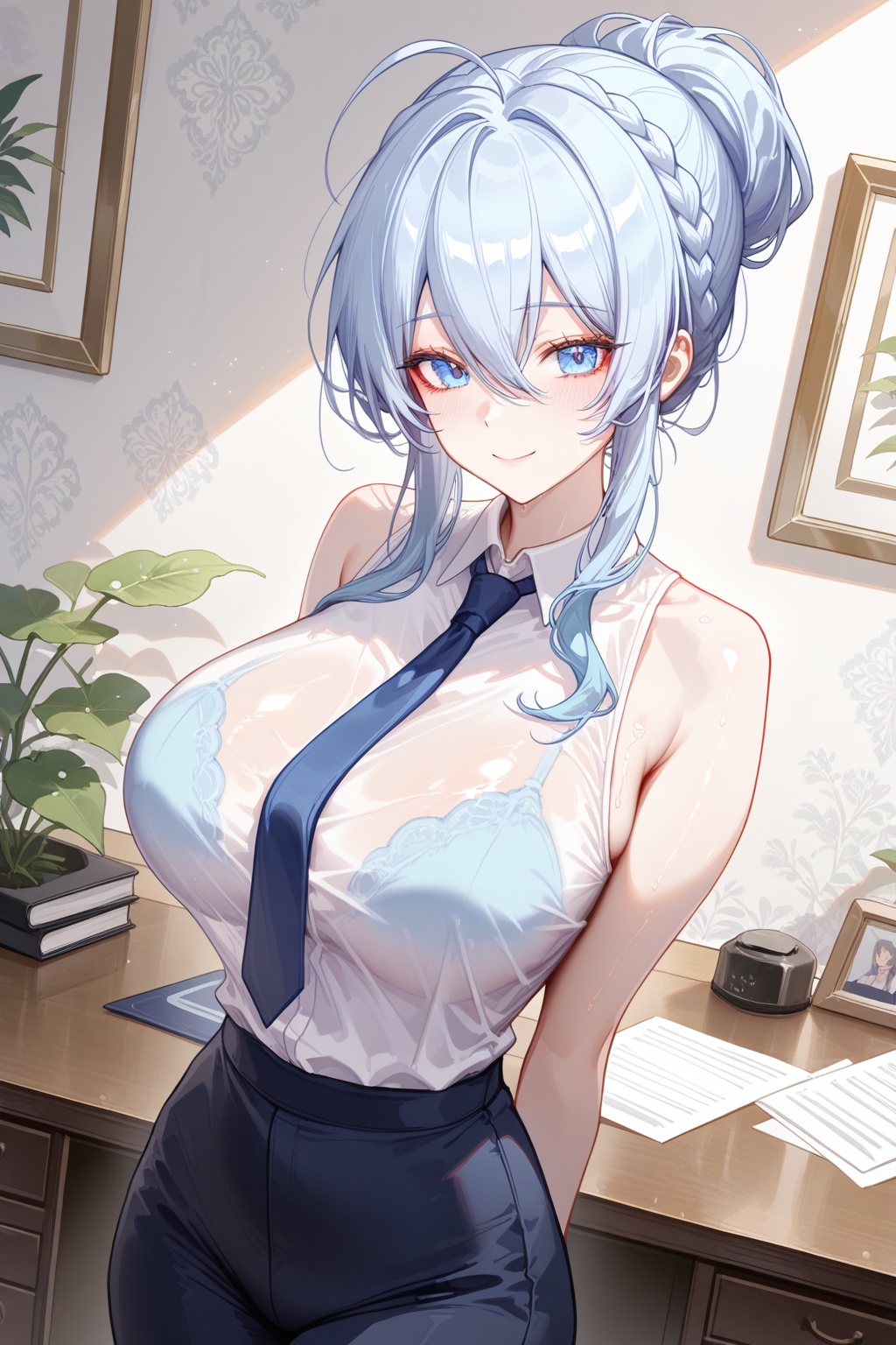 best quality,amazing quality,very aesthetic,absurdres,best quality,amazing quality,very aesthetic,absurdres,{{{{shiny skin}}}},{{{{oiled}}}},detail eyes,wallpaper,artist:aibek,artist:gwan-e,artist:kein_v,artist:liaowen,artist:sea_nami,artist:tansuan_(ensj3875),artist:ask_(askzy),artist:ciloranko,year 2023 BREAKcurvy,(narrow waist:1.1),<lora:Mifuyu Yukino:0.8>, -Mifuyu Yukino, 1girl, solo, breasts, blue eyes, shirt, necktie, smile, large breasts, looking at viewer, sleeveless, bare shoulders, sleeveless shirt, white shirt, hair bun, blue hair, skirt, ahoge, hair between eyes, indoors, single hair bun, braid, collared shirt, shirt tucked in, arms behind back, closed mouth, bangs, pants, blue necktie, office lady, bra visible through clothes, sidelocks