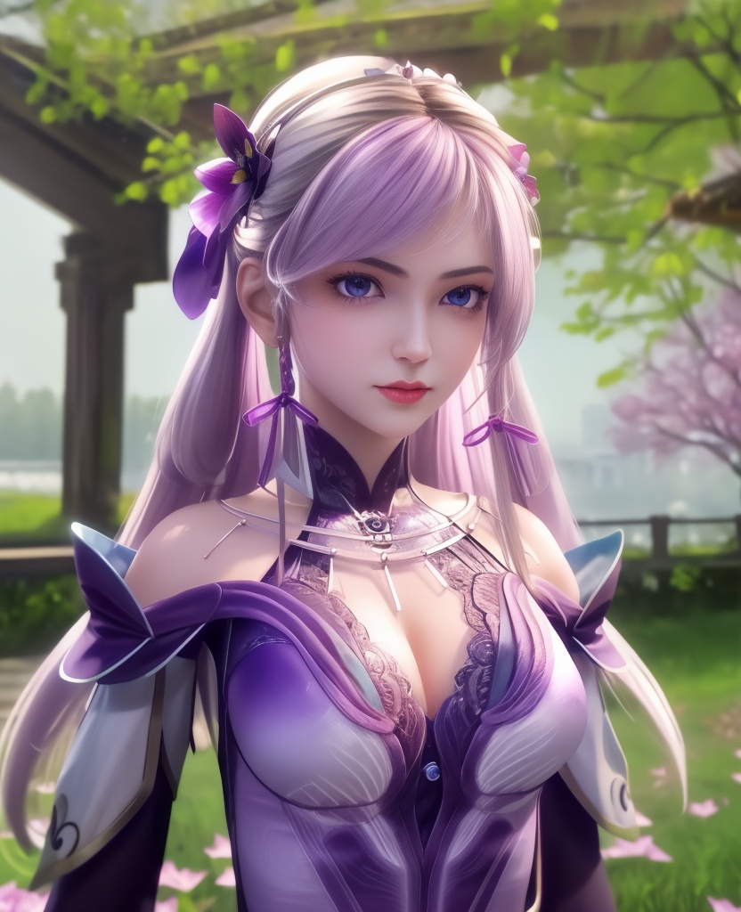 <lora:561-DA-炼气十万年-孔炎:0.8>(,1girl, ,best quality, ),looking at viewer,  ,ultra detailed 8k cg,ultra detailed background,ultra realistic 8k cg,1girl, solo,(bare shoulders:0.85),(masterpiece, best quality),((oil painting style)),sexy young lady,(beautiful face and eyes),(upper body:1.5),(whole body:1.05),(single person:1.2),surrounded by flowers, (lily), roses, floret, vegetation, white, purple, purplish pink,Impressionism,colorful,(Breast size:1.3),(cleavage),