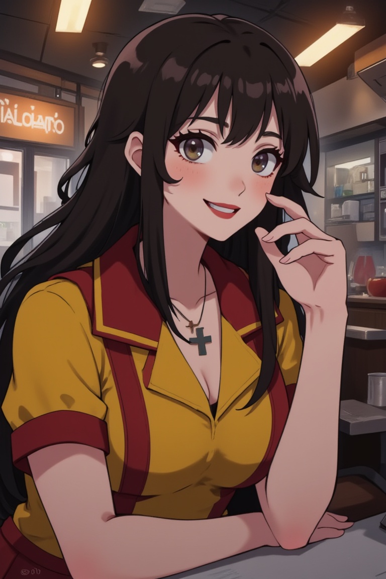 a fca_style of a max from two broke girls with long dark hair woman wearing a yellow and red uniform smiling at a restaura...