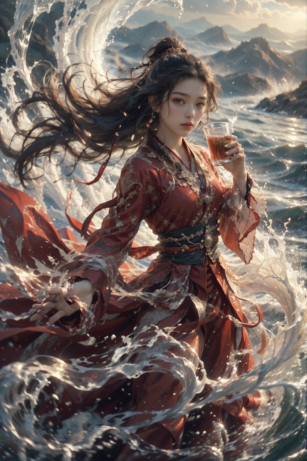 haifeisiv6,  anime,  a woman in a red dress is in the water on Tensor.Art