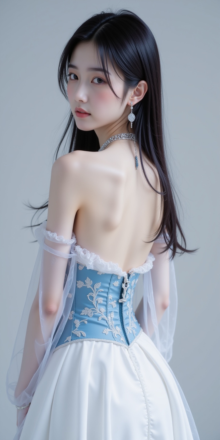 A photograph of a slender,fair-skinned Asian woman with long,straight black hair. She wears a strapless,white gown with a blue corset and sheer,floral-patterned overlay. Her back is partially exposed,revealing a delicate tattoo. She accessorizes with a choker and earrings. The background is a plain,light gray.,<lora:flux-lora_极品1-3:1>,