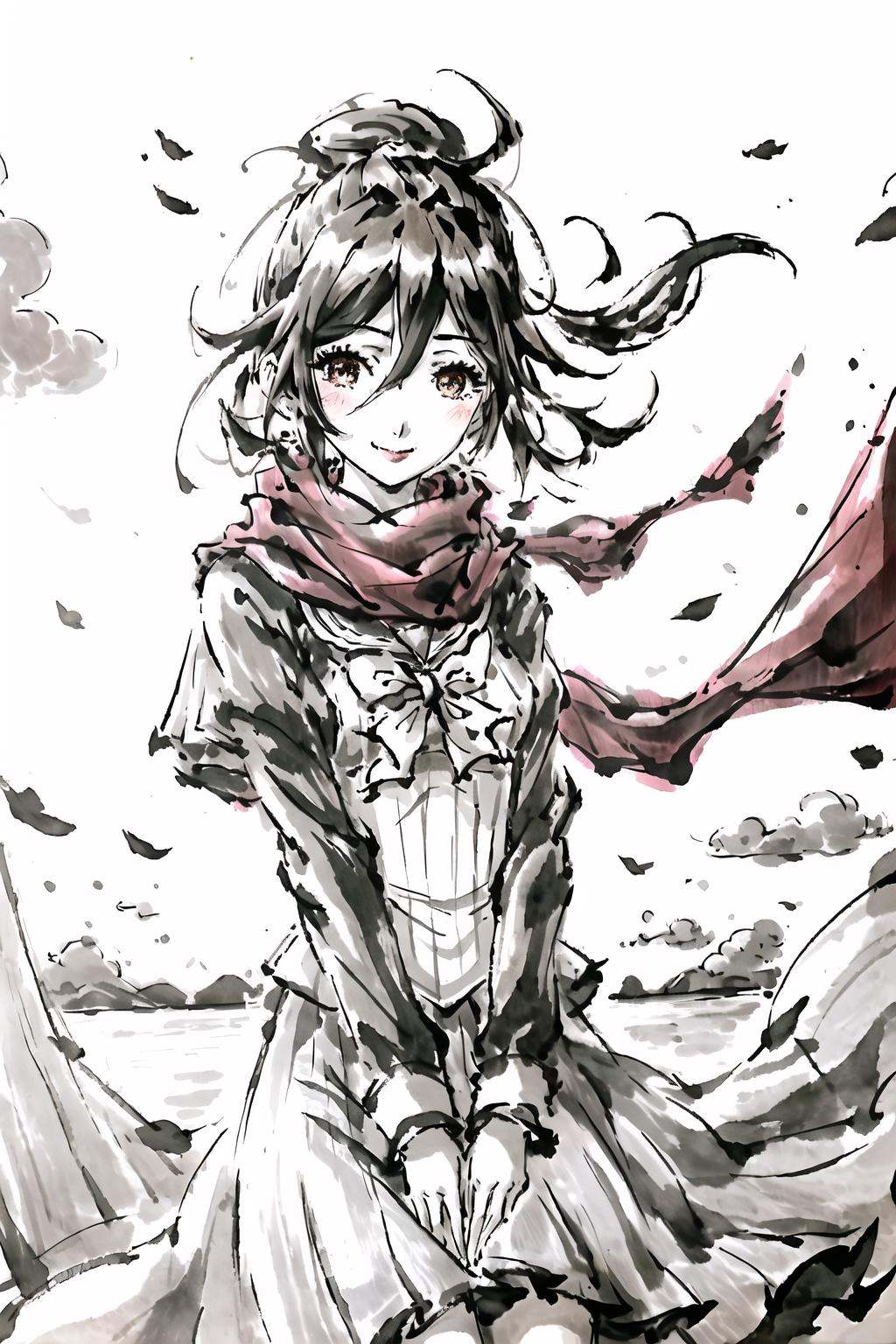 masterpiece,best quality,1girl,solo,(long hair,ponytail,sailor shirt,sailor collar,pleated skirt,scarf,student,bespectacled,small breasts),(black hair),(red scarf),smile,blush,standing,looking at viewer,cowboy shot,Soft Lighting,strong rim light,Beautiful Lighting,outdoors,day,cloudy sky,lens flare,garden,building,flower,