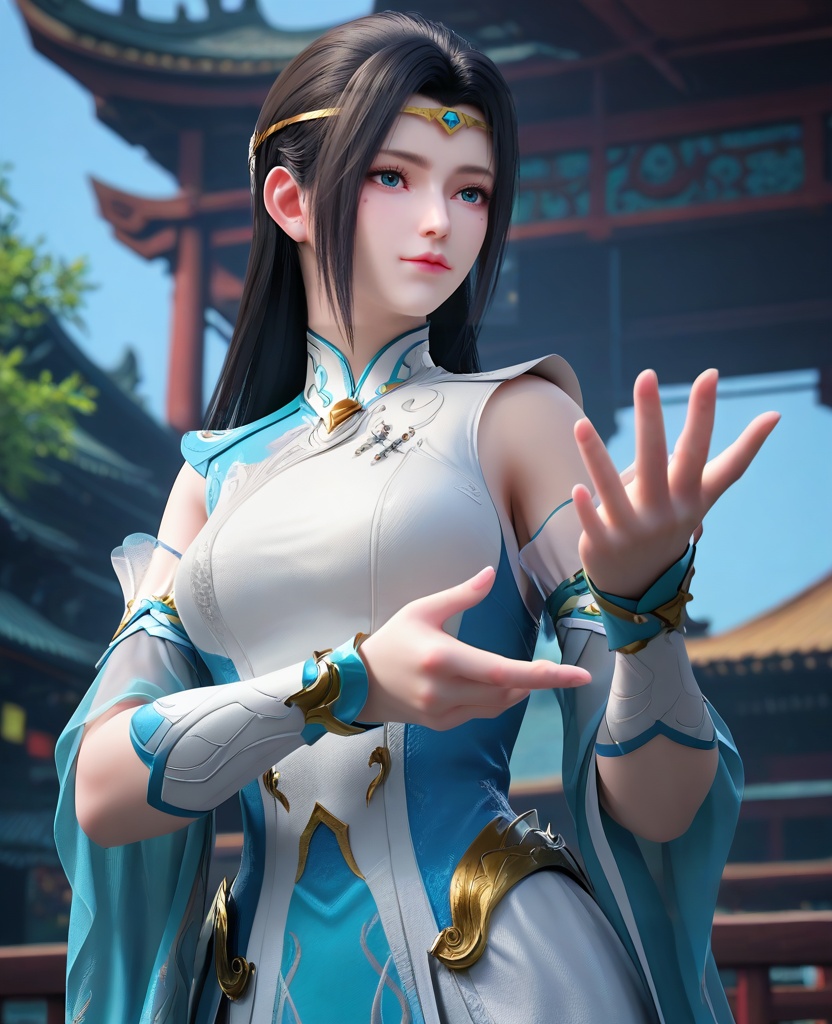 (oriental architecture, elegant decor, sophisticated style:1.1),Standing with arms outstretched, embracing the sky,,(breasts:1.2),<lora:XL16大主宰苏萱:0.95>,miss suxuan,layered aqua and white gown,blue eyes,mole under right eye,circlet,black hair,long hair,wide flowing sleeves,bracer,, zPDXL2, score_9, score_8_up, score_7_up BREAK realistic, masterpiece,best quality, highly detailed,, zPDXL3, zPDXL2,zPDXL, zPDXLxxx, zPDXLrl,