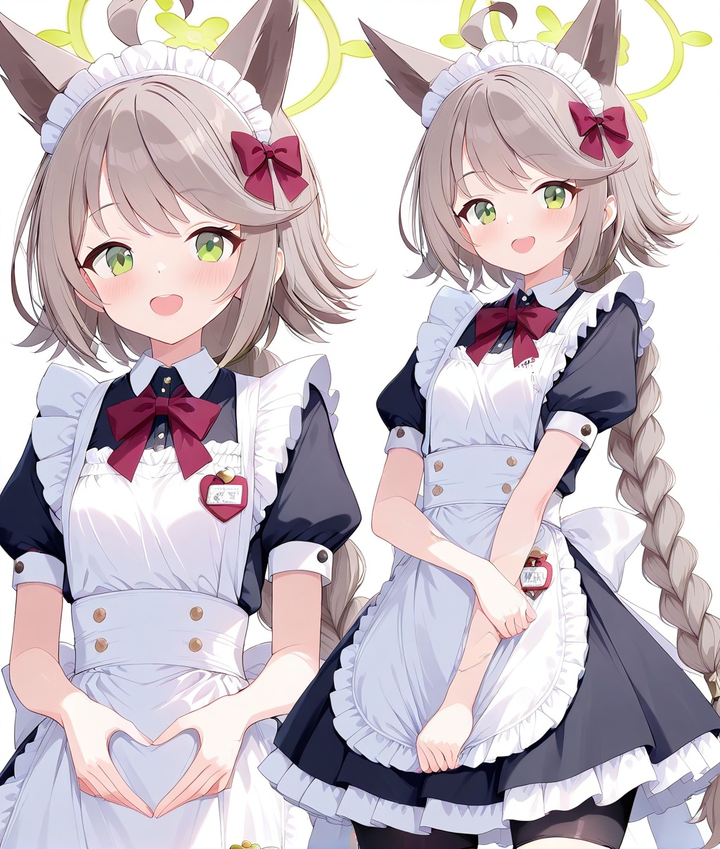 O,ultra detailed anime texture,Otogi(blue archive),Otogi(blue archive),1girl, heart hands, solo, heart, green eyes, animal ears, long hair, apron, halo, ahoge, short sleeves, braid, bow, smile, grey hair, red bow, dress, frills, bike shorts, maid, very long hair, looking at viewer, puffy sleeves, white background, white apron, black dress, frilled apron, :d, bangs, shorts, alternate costume, enmaided, puffy short sleeves, shorts under dress, open mouth, single braid, maid apron, black shorts, simple background, blush,(UHD),accurate,super detail,award winning,high quality,best quality,high details,textured skin,anatomically correct,retina,HD,16k,