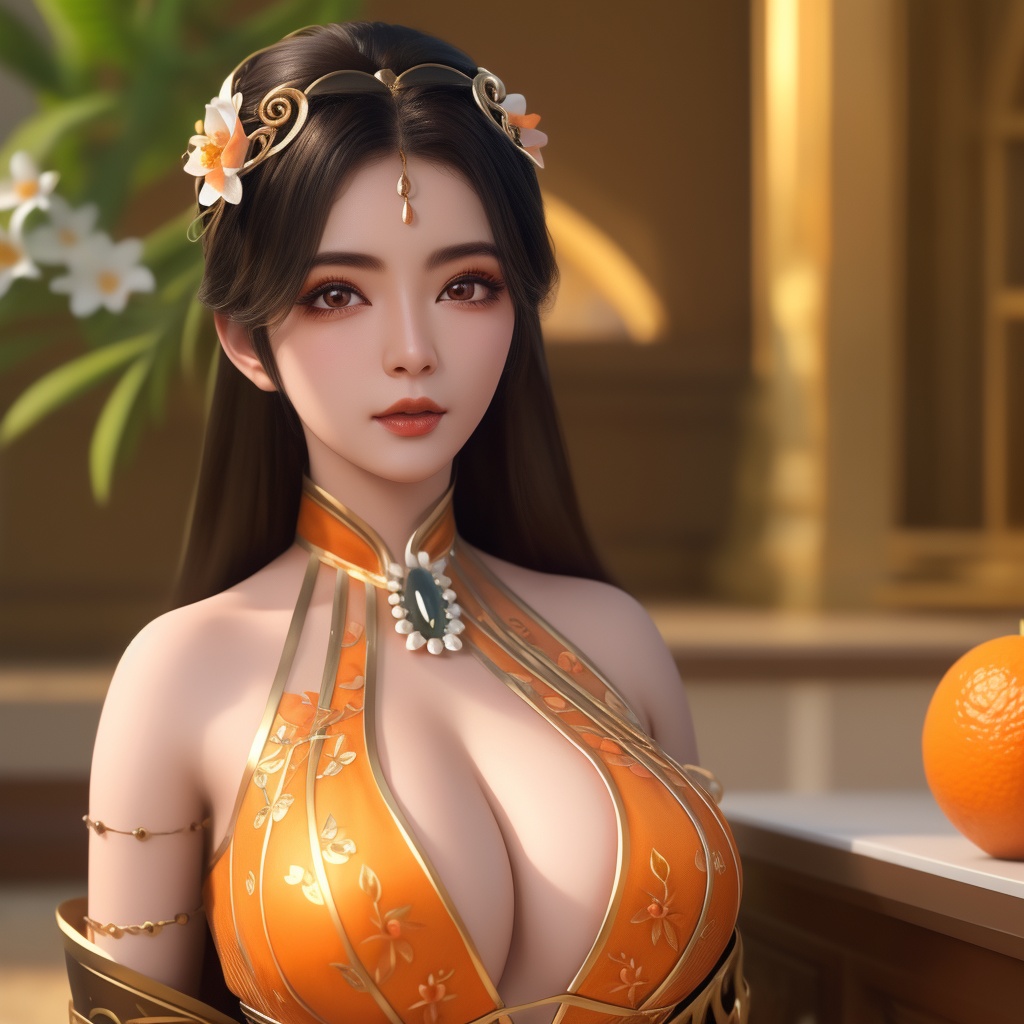 <lora:780-DA-神澜奇域-主持人:0.8>, (,1girl, ,best quality, ),looking at viewer,  ,ultra detailed background,ultra detailed background,ultra realistic 8k cg,, ,masterpiece, (( , )),, ,      ,  orange blossoms,  (cleavage),,  (), ,,