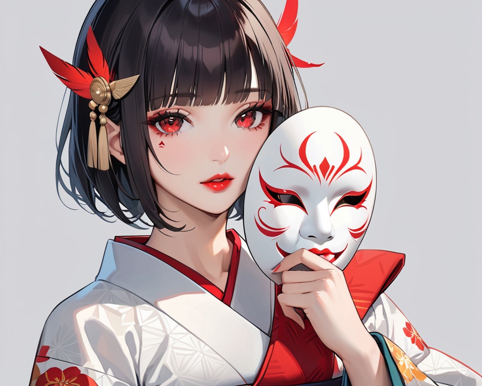 (best quality), ((masterpiece)), (highres), illustration, original, extremely detailed, <lora:SNQX:0.6>1girl, solo, triangular headpiece, black hair, short hair, japanese clothes, red lips, holding mask, red eyes, looking at viewer, holding, parted lips, mask, bangs, kimono, blunt bangs, white kimono, feathers, mask removed, lips, body writing, upper body