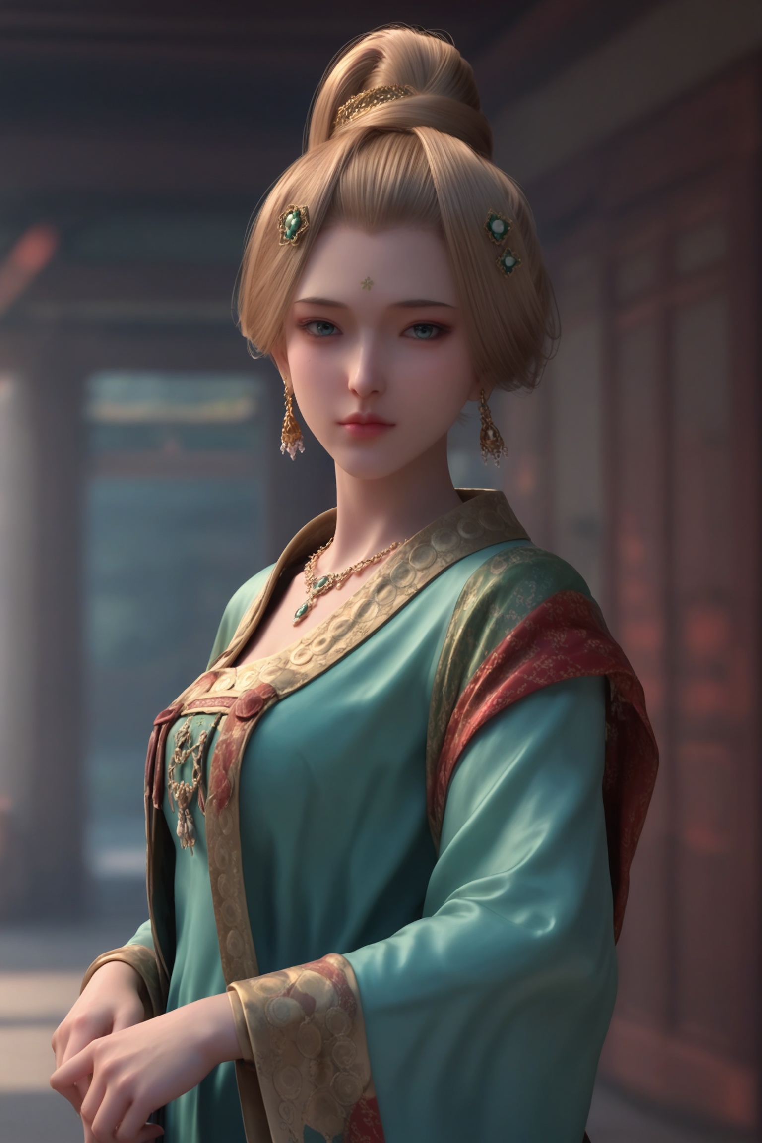 realistic style photo outstanding style,tall,cute,in her teens. Use soft lighting to cast gentle shadows on the subject,adding a touch of dimension to your images without compromising details,score_9,score_8_up,score_7_up,looking at viewer,upper body,<lora:长歌行-李瑾Pony:0.7>,blonde hair styled in a high,elegant updo adorned with a small,golden hairpin. wears a traditional,ornate necklace with a large,green gem and a smaller blue gem,and matching earrings with intricate designs. Her attire is a flowing,light blue robe with intricate gold trim,and a red,gold-patterned cloth draped over her shoulder.,dressed in a traditional,flowing green robe with intricate gold embroidery along the sleeves and hem. A vibrant red shawl with a geometric pattern is draped over her shoulders,