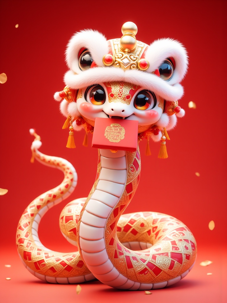 xingshi_snake,shebaobao,the snake wears a lion hat,in his mouth was a red envelope with golden Chinese characters for "fu" on it,