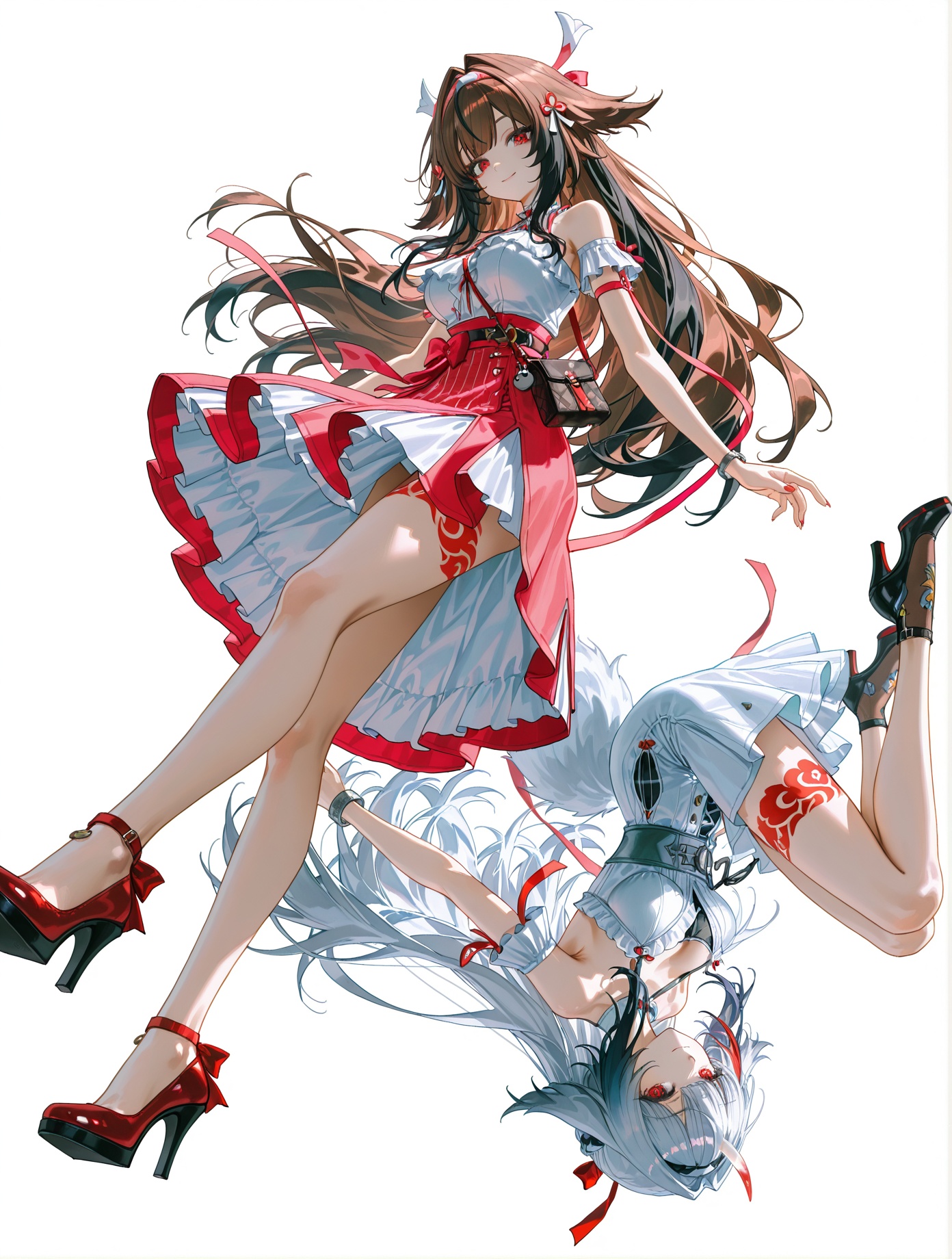 WJBZ,Realistic illustration,accessories,dynamic composition,large perspective,the whole body,(artist:   quasarcake:0.8),depth of field,extreme aesthetic,(wlop:0.6),wanke,rella,wanke,masterpiece,best quality,good quality,newest,year 2024,year 2023,very aesthetic,absurdres,Visual impact,perspective composition,ultra-high resolution,32K UHD,sharp focus,best quality,masterpiece,Emotionalization masterpiece,unconventional supreme,masterful details,2girls,multiple girls,smile,full body,closed mouth,long hair,white background,looking at viewer,dual persona,upside-down,<lora:Ye_Shunguang-noob-Tanger-000014:0.8>,(2girls:1.2) BREAKYe Shunguang \(Zenless Zone Zero\),brown hair,brown animal ears,a red left thigh band tattoo,(clothes: guang pink skirt,pink dress:1.2),guang white corset-style top,guang white detached armlets,red wrapping ribbons,guang white and pink hairband,red hair ribbons,1girl,long hair,breasts,smile,red eyes,red footwear,guang red small crossbody bag,high heels BREAKYe Shunguang \(Zenless Zone Zero\),albino state,grey hair,grey animal ears,asymmetric red leg tattoos,extensive red left leg tattoo,single see-through horn,(clothes: guang pink skirt,pink dress:1.2),guang white corset-style top,guang white detached armlets,red wrapping ribbons,guang white and pink hairband,red hair ribbons,1girl,long hair,red eyes,red footwear,guang red small crossbody bag,high heels BREAK