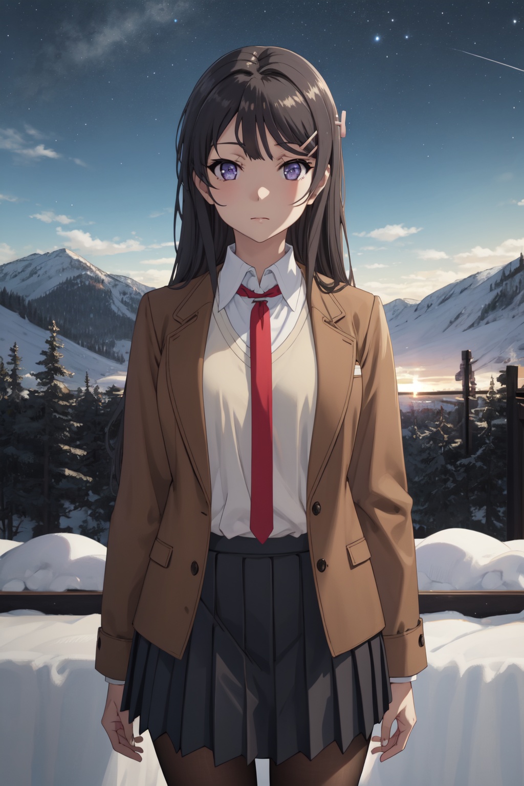 <lora:Mai-000010:0.8>,Mai CYQL,1girl,looking at viewer,solo,black_hair,long_hair,hairclip,hair_ornament,purple eyes,school_uniform,brown_jacket,shirt,white_shirt,necktie,skirt,pleated_skirt,pantyhose,black_pantyhose,loafers,brown_footwear,seductive_smile,full_shot,Tundra, Midnight Sun, Barren, Cold, Landscape, Silence, Horizon, Solitude,(Alpine flowers, Alpine peaks, Mountain meadows, Summer blooms, Alpine landscape, Mountain breeze:0.5),beautiful detailed sky,beautiful detailed glow,posing in front of a colorful and dynamic background,masterpiece,best quality,beautiful and aesthetic,contrapposto,female focus,wallpaper,