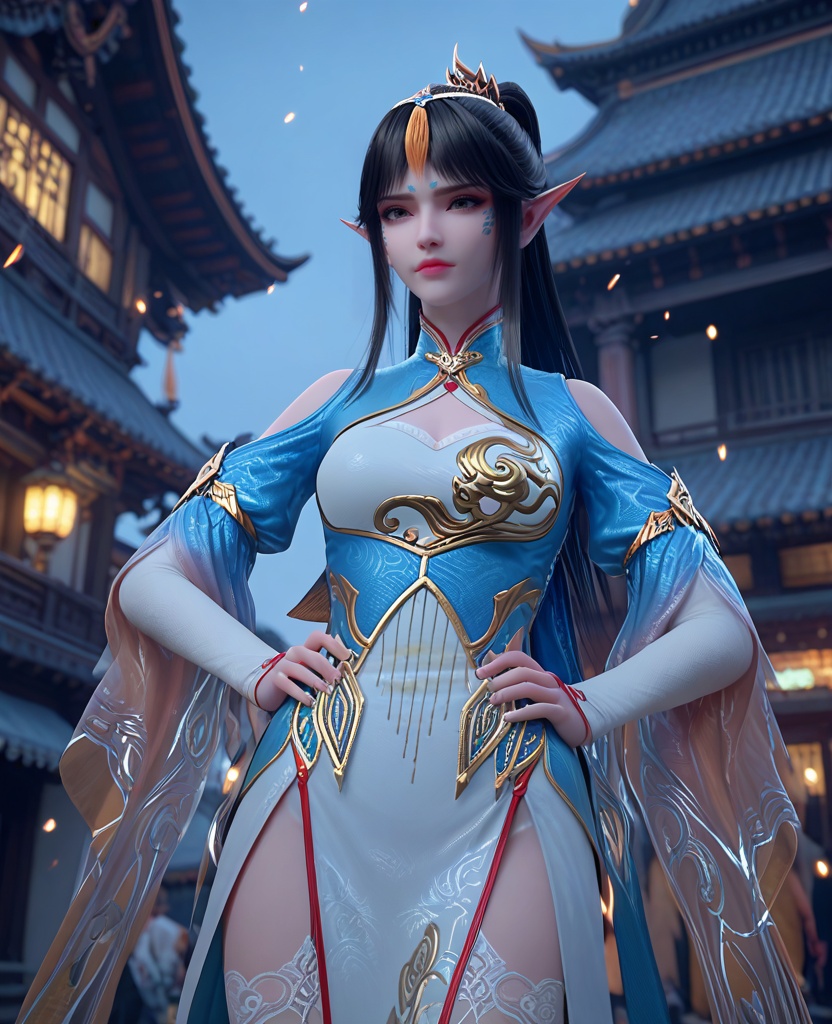(oriental architecture, elegant decor, sophisticated style:1.1),(Hands on hips, looking off into the distance,:1.1),looking at viewer,(breasts:1.2),<lora:XL斗破苍穹凤清儿:0.95>,1girl,black hair,long hair,ponytail,tassel,hair ornament,pointy ears,black eyes,dress,clothing cutout,cleavage cutout,breasts,thighhighs,facial mark,, score_9,score_8_up,score_7_up,score_6_up,score_5_up,score_4_up,3d rendering,tag1,tag2, Cinematic Lighting,backlighting,, zPDXL3, zPDXL2,zPDXL, zPDXLxxx, zPDXLrl,