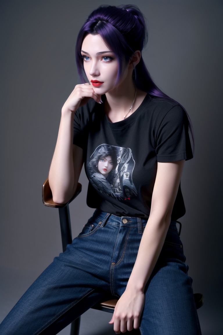 ((HRD, HUD, 8K)),((masterpiece, best quality)), highly detailed, 1girl, solo, long hair, purple hair, black hair, ponytail, blue eyes, lips, red lips, lipstick, nose, makeup,(t-shirt:1.2), jeans,simple background, grey background, flat color background, cowboy shot, sitting on chair, looking at viewer, <lora:斗破苍穹特别篇1云韵黑袍_v3.0 :0.7>