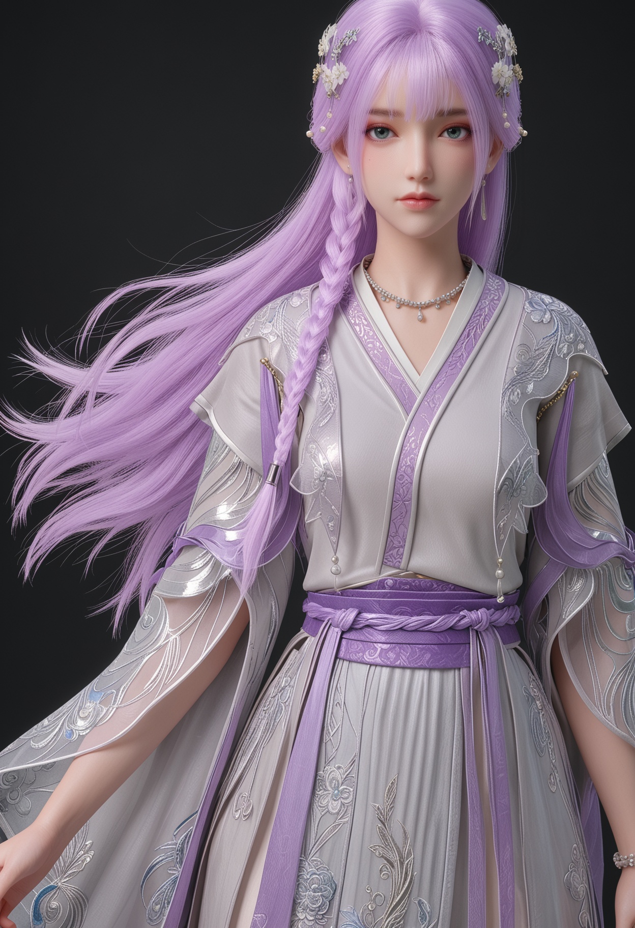 (cowboy shot:1.2),score_9,score_8_up,masterpiece,(best quality),intricate details,facing viewer,(looking at viewer:1.1),<lora:YQ_pony_tianqiong_shaonv_V4:0.8>,q1528437228,1girl,solo,long hair,purple hair,jewelry,hair ornament,earrings,braid,necklace,dress,hair flower,blue eyes,pink hair,chinese clothes,green eyes,side braid,grey eyes,japanese clothes,wide sleeves,long sleeves,sash,robe,BREAKscore_9,score_8_up,masterpiece,(best quality),perfect anatomy,(hourglass),perfect face,(simple background,pure black background,black background:1.1),fair_skin,shiny_skin,Ivory_skin,