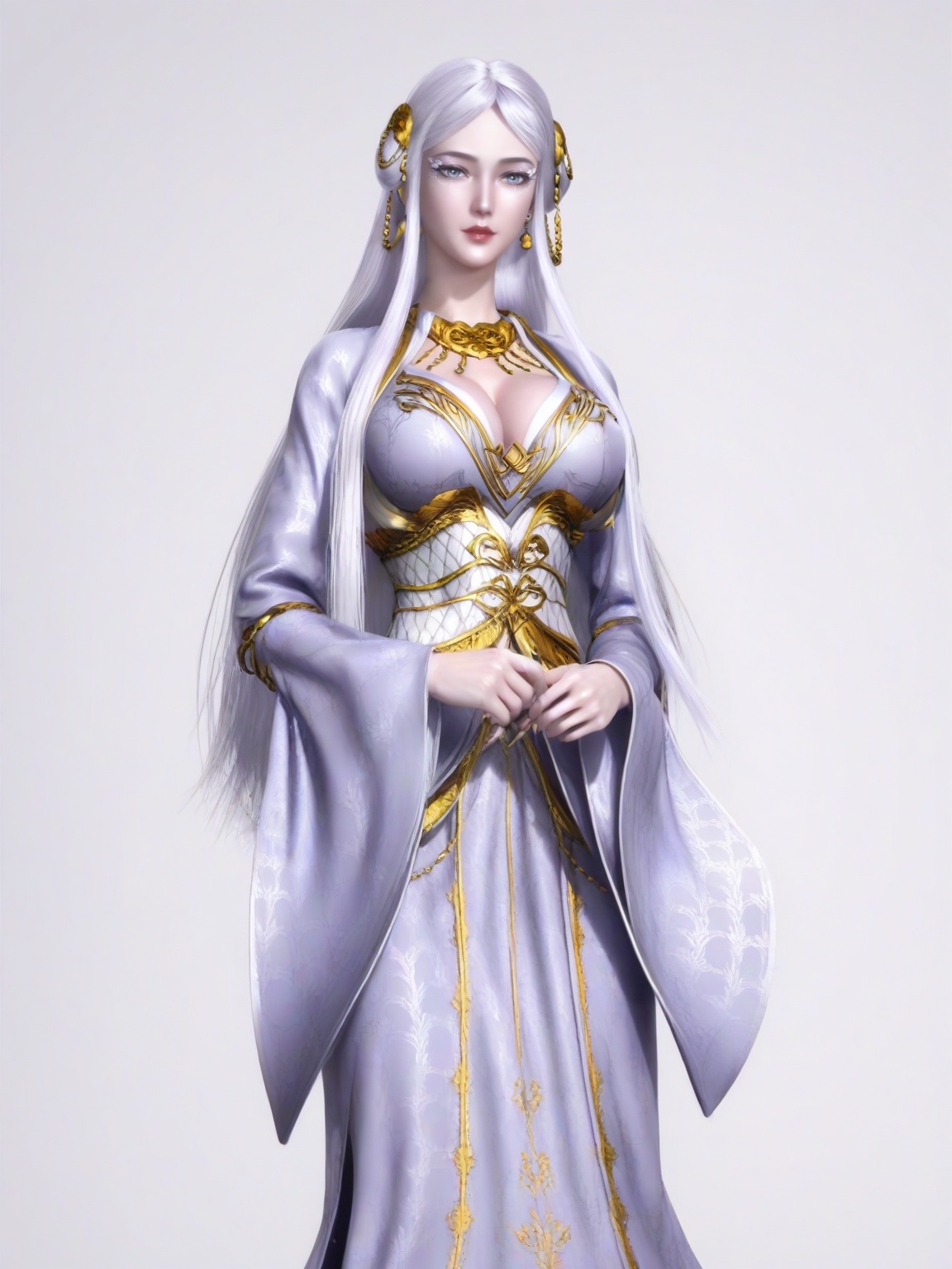 score_9,<lora:SF_BaiLong_Pony_Realism2.3-000005:0.7>,1girl,solo,dress,long hair, lipstick,earrings,eyelashes,large breasts, hair ornament,standing,wide sleeves, looking at viewer,white background,simple background,cowboy_shot,