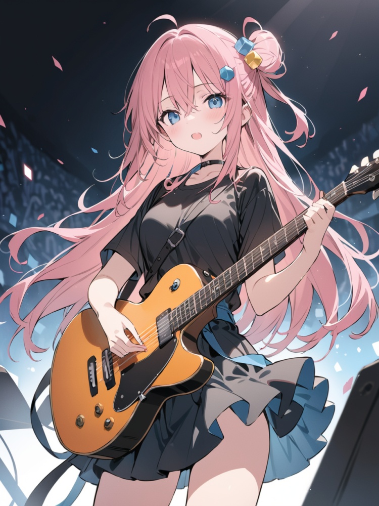 (best quality),(masterpiece),((beautiful:0.75) cute girl:0.75),[clear and clean] pixiv (illustration),gotou hitori,black shirt,concert,holding instrument,guitar,pink long hair,hair ornament,cube hair ornament,hair between eyes,bangs,blue eyes, concept art