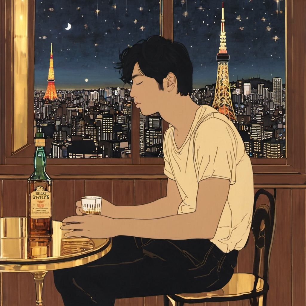 <lora:ukiyo-e_xl:1>,solo,short hair,brown hair,shirt,1boy,holding,sitting,closed eyes,male focus,sky,collared shirt,pants,indoors,cup,window,night,chair,table,bottle,building,star \(sky\),night sky,holding cup,alcohol,sleeves rolled up,drinking glass,watch,city,drinking,glass,wristwatch,cityscape,city lights,whiskey,1girl,black hair,profile,black pants,a young individual,possibly male,sitting at a bar counter,he is sipping from a glass which contains a golden-colored liquid possibly whiskey,the bar counter is adorned with a variety of bottles and each labeled with different brands and types of alcohol,the backdrop reveals a breathtaking view of tokyo tower illuminated against a night sky filled with stars,the city lights shimmer casting a warm glow on the scene,the ambiance is serene with a touch of nostalgia,suggesting a moment of reflection or relaxation for the individual,young individual,bar counter,golden-colored liquid,bottles,brands,tokyo tower,stars,ambiance,reflection,负向提示