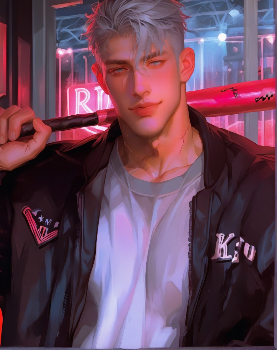 male focus, solo, mature, 1boy, black_jacket, closed_mouth, collarbone, fingernails, grey hair, grey shirt, hair between eyes, holding, holding baseball-bat, jacket, light smile, lips, looking at viewer, open clothes, open jacket, standing, blue eyes, red light, scar, scar on neck, shirt, short hair, solo, upper body, baseball-bat on back  <lora:BurntSugar:1>