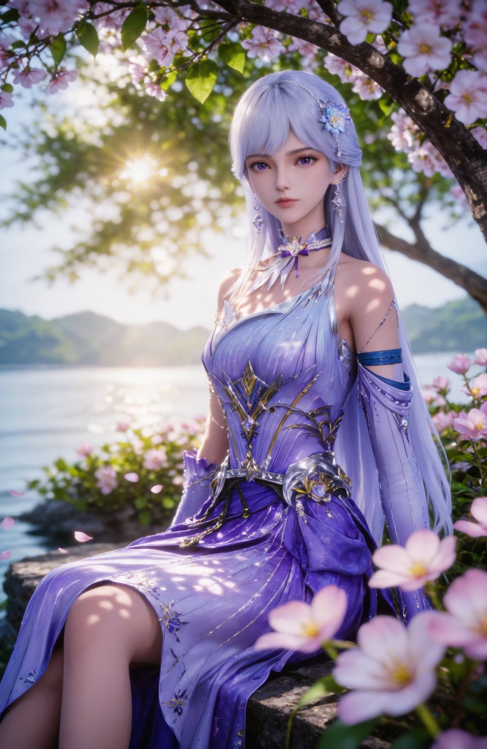 <lora:神印王座-圣采儿-190Pony:0.7> 1girl, long hair, hair ornament, white hair, purple eyes, hair flower, purple dress, detached sleeves,, masterpiece,best quality,amazing quality,very aesthetic,high resolution,ultra-detailed,absurdres,scenery,photorealistic,looking at viewer,moody lighting,peach blossom,falling petals,realistic,photorealistic details,, 1girl, flower, sitting, solo, blurry, yellow flower, blurry background, outdoors, sunlight, looking at viewer, nature, depth of field, arms at sides, leaf, tree, light rays, plant, feet out of frame, day,