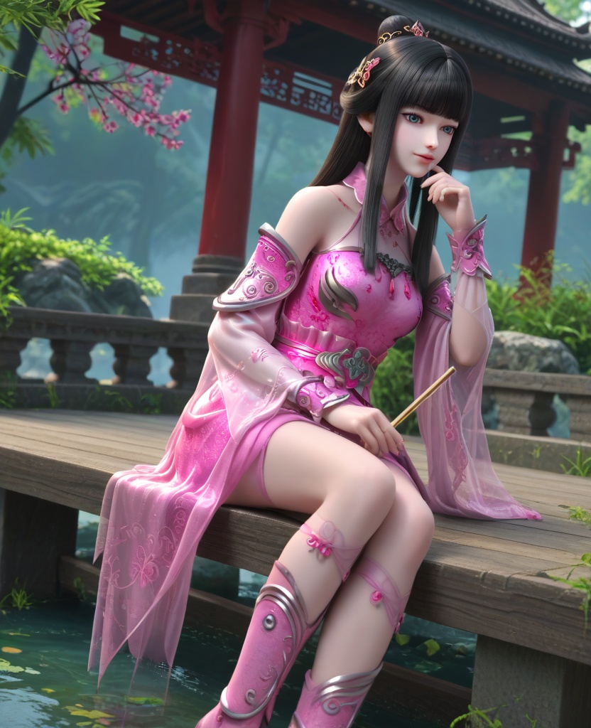 (oriental architecture, elegant decor, sophisticated style:1.1),(Sitting on a bench in a park, holding a musical instrument, lost in the joy of playing music,:1.1),(breasts:1.2),<lora:XL16墓王之王林水瑶:0.95>,miss linshuiyao,pink dress,see-through,blue eyes,black hair,hime cut,long hair,hair ornament,detached sleeves,hair bun,sash,spiral leg decoration,pink boots,, score_9,score_8_up,score_7_up,score_6_up,score_5_up,score_4_up,3d rendering,tag1,tag2, Cinematic Lighting,backlighting,