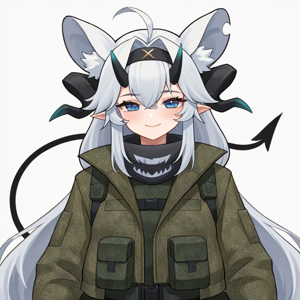 masterpiece, best quality,solo,(white background:1.2),simple background,1girl,looking at viewer,        dajiaoshu_style,shuangweihuixing,rat ears,horns,blue eyes,animal ears,closed mouth,ahoge,white hair,2 tails,animal ear fluff,demon tail,demon horns,long hair,gloves,jacket,hairband,black gloves,virtual youtuber,camouflage,camouflage jacket<lora:双尾彗星-1.0-ill2pro-e3:0.8>