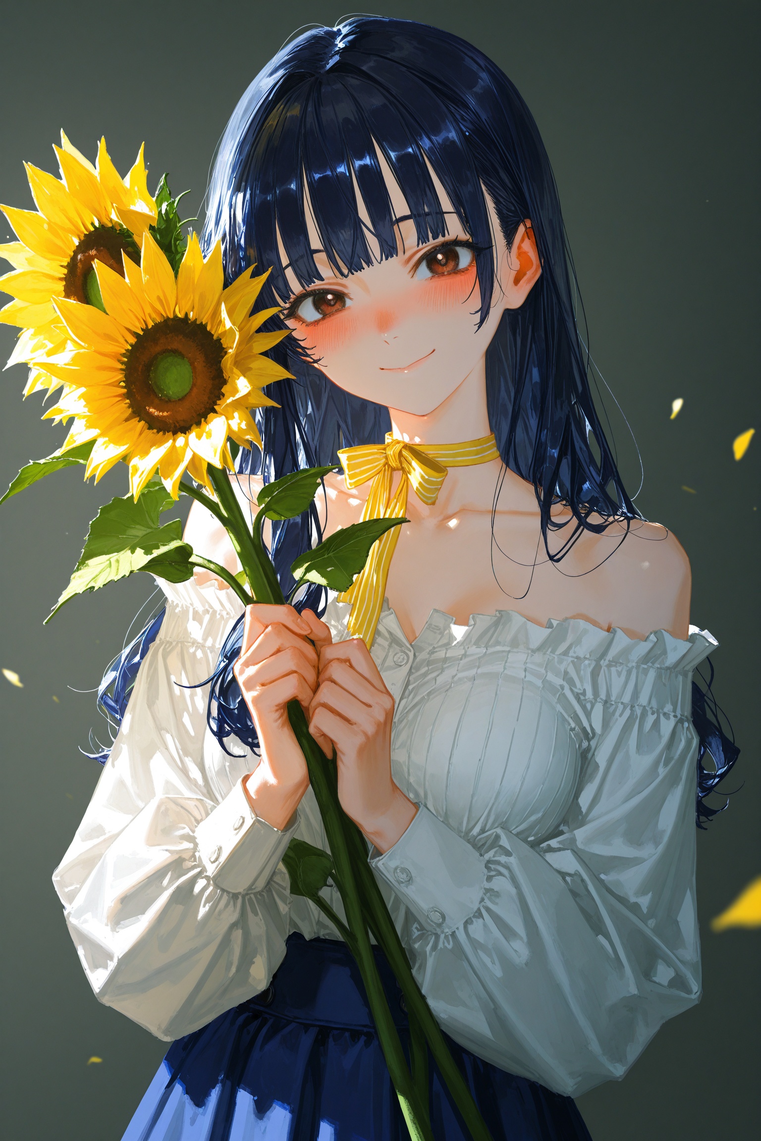 1girl,solo,yamada anna, boku no kokoro no yabai yatsu, brown eyes, long hair, black hair, dark blue hair,holding, skirt, flower, smile, blue skirt, long sleeves, off-shoulder shirt, shirt, yellow flower, white shirt, closed mouth, holding flower, puffy sleeves, sunflower, bow, collarbone, blush, looking at viewer, petals, bare shoulders, off shoulder, puffy long sleeves, ribbon, yellow bow, striped bow, striped, choker, ribbon choker, yellow ribbon, breasts, neck ribbon,masterpiece,best quality,good quality,newest,absurdres,glowing,yoneyama mai,diyokama,amano yoshitaka,quasarcake,dino \(dinoartforame\),,