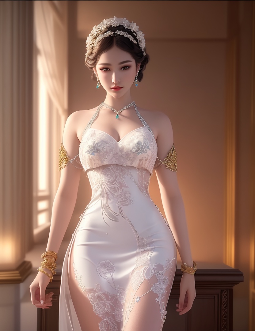 ultra realistic 8k cg, picture-perfect face, flawless, clean, masterpiece, professional artwork, famous artwork, cinematic lighting, cinematic bloom, perfect face, beautiful face, fantasy, dreamlike, unreal, science fiction,  beautiful clothes, lace, lace trim, lace-trimmed legwear,  (rich:1.4), prestige, luxury, jewelry, diamond, gold, pearl, gem, sapphire, ruby, emerald, intricate detail, delicate pattern, charming, alluring, seductive, erotic, enchanting, hair ornament, necklace, earrings, bracelet, armlet,halo((,1girl, pov,))(((,  1girl,  solo,looking at viewer, ))),(((1girl, solo, dress, white_dress, jewelry)))<lora:DA_WhiteSnakeGreenSnake:0.7>