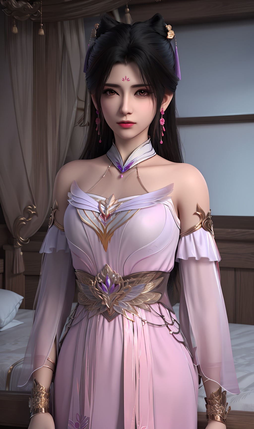 3D,masterpiece,(best quality),(makeup),official art, extremely detailed cg 8k wallpaper,((crystalstexture skin)), (extremely delicate and beautiful),(highly detailed),(face),(collar),(long_sleeves),(1girl), (solo), (jewelry), (earrings),(black_hair),(long_hair),(hair_ornament),(handwear),(breasts),(standing),(upper_body),((long_legs)),(closed_mouth),(off-shoulder_dress),(skirt),,(chinese_clothes),(multicolored_clothes),(multicolored_dress),(shiny_clothes),(bare_shoulders),(city,indoor,bed),wristband,hand,,((looking_at_viewer)),((Facing the camera)),, <lora:hipoly3DModelLora_v10:0.3>
