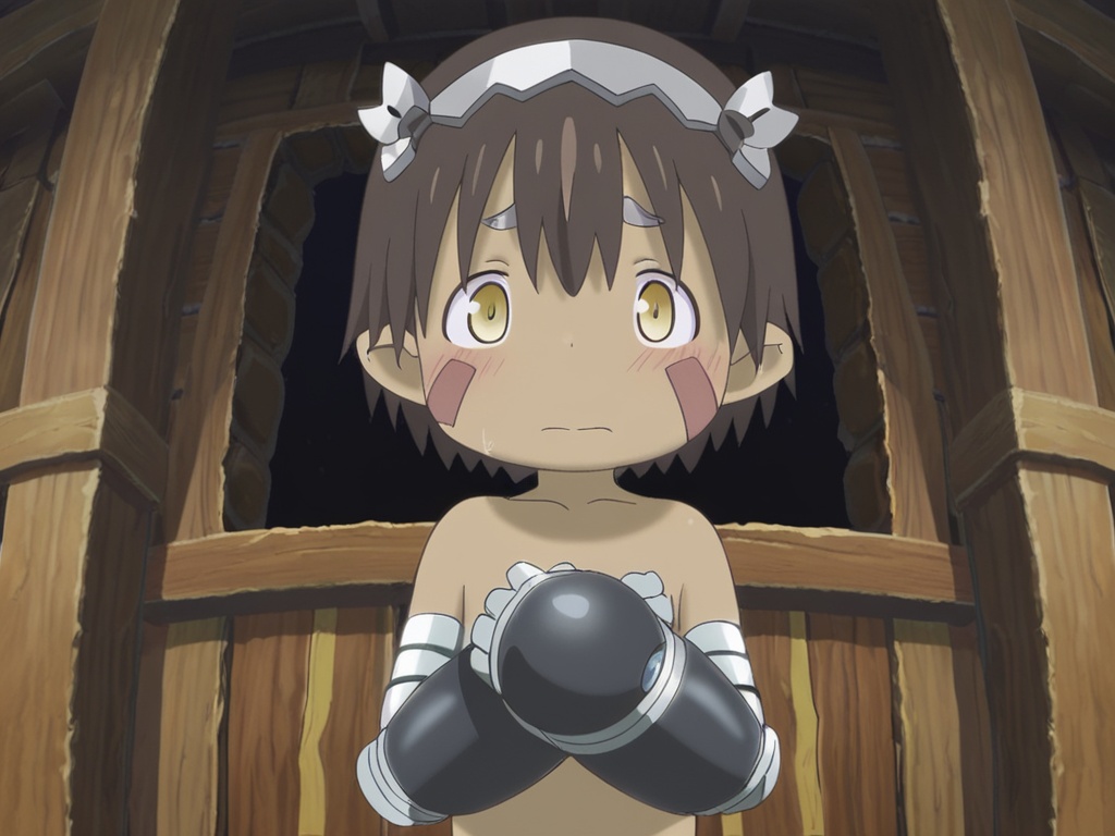 <lora:MIA_Nate+Reg_XL:1>,made in abyss,best quality,best detail,masterpiece,indoors,wooden house,1boy,solo,toddler,male_child,dark skin,upper body naked,petite,yellow eyes,short hair,dark brown hair,metal headdress,pointy ears,facial mark,mechanical arms,shy,arms_crossed,brown pants,metal leg,perfect hands,(5fingers:1.3),correct anatomy,panorama,full_shot,available light,huge filesize,