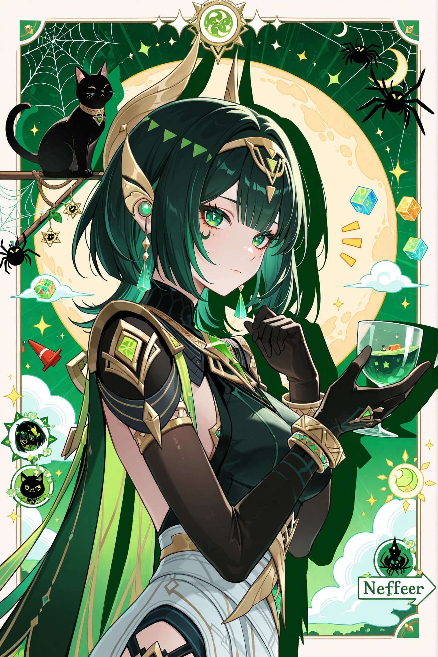 1girl,::,__artist__,year 2024,(drop shadow:1.4),(close-up:0.8),(shadow:1.2),(hands up:1.2),(border:1.2),(outside border:1.2),(hand up:1.2),(character name:1.2),from side,hand up,closed mouth,upper body,high contrast,holding cup,frown,looking at another,looking at viewer,rope,portrait,drop shadow,sparkle,^ ^,flag,moon,bug,notice lines,cloud,spider,traffic cone,star \(symbol\),circle,silk,traffic light,arrow \(symbol\),spider web,green theme,sun,cube,crescent moon,flower,sunlight,colorful,very awa,masterpiece,best quality,newest,highres,absurdres,black cat,<lora:Nefer-noob-Tanger:0.8>,Nefer \(Genshin Impact\),clothes: Neferdef suit,Neferdef white short dress,Neferdef green cape,1girl,green eyes,green hair,jewelry,breasts,elbow gloves,black gloves,bracelet,Nefer green facial mark,Neferdef Triangular pupils,triangular pupil,