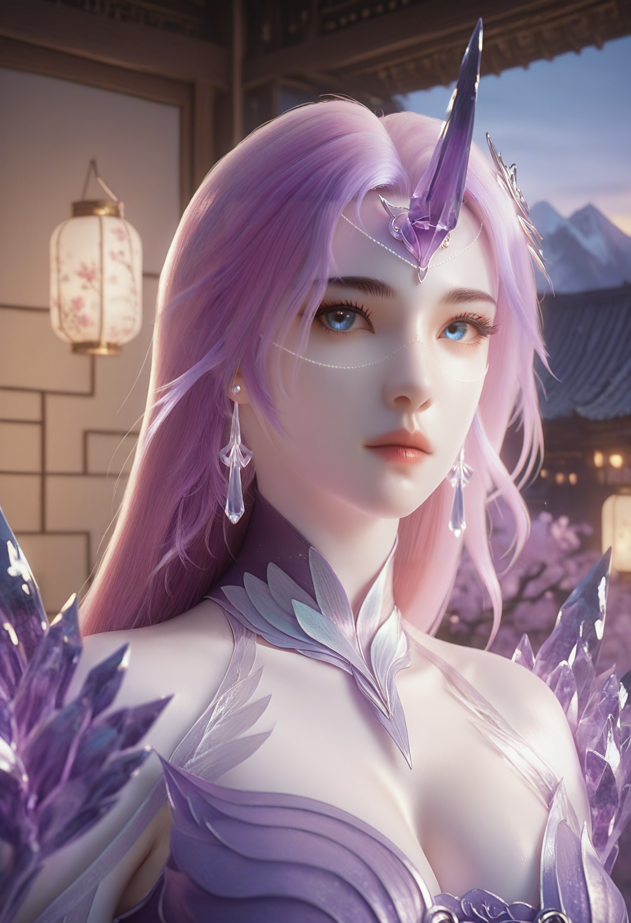 Yue_liu,1girl,blue eyes,long hair,purple hair,earrings,jewelry,hair ornament,crystal,single horn,pink hair,bare shoulders,gem,cleavage,<lora:Yue_liu_10_illu-000005:0.75>,dress,armor,see-through,skirt,purple dress,photorealistic,hyperrealistic,<lora:realistic filter [IL]:1>,(pale skin:1.2),looking at viewer,standing,(upper body:1.2),close up,head shot,lantern,open window,looking at viewer,indoors,mountains,blossoms,flowers,east asian architecture,beautiful sunrise,warm ambient temperature,