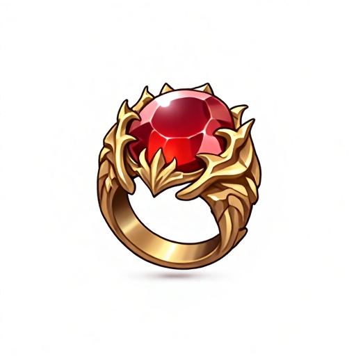 ZBTB2,ZBTB2,A golden ring with a huge red gemstone in the center. The ring has complex flame **** designs on both sides, making it look very fiery.