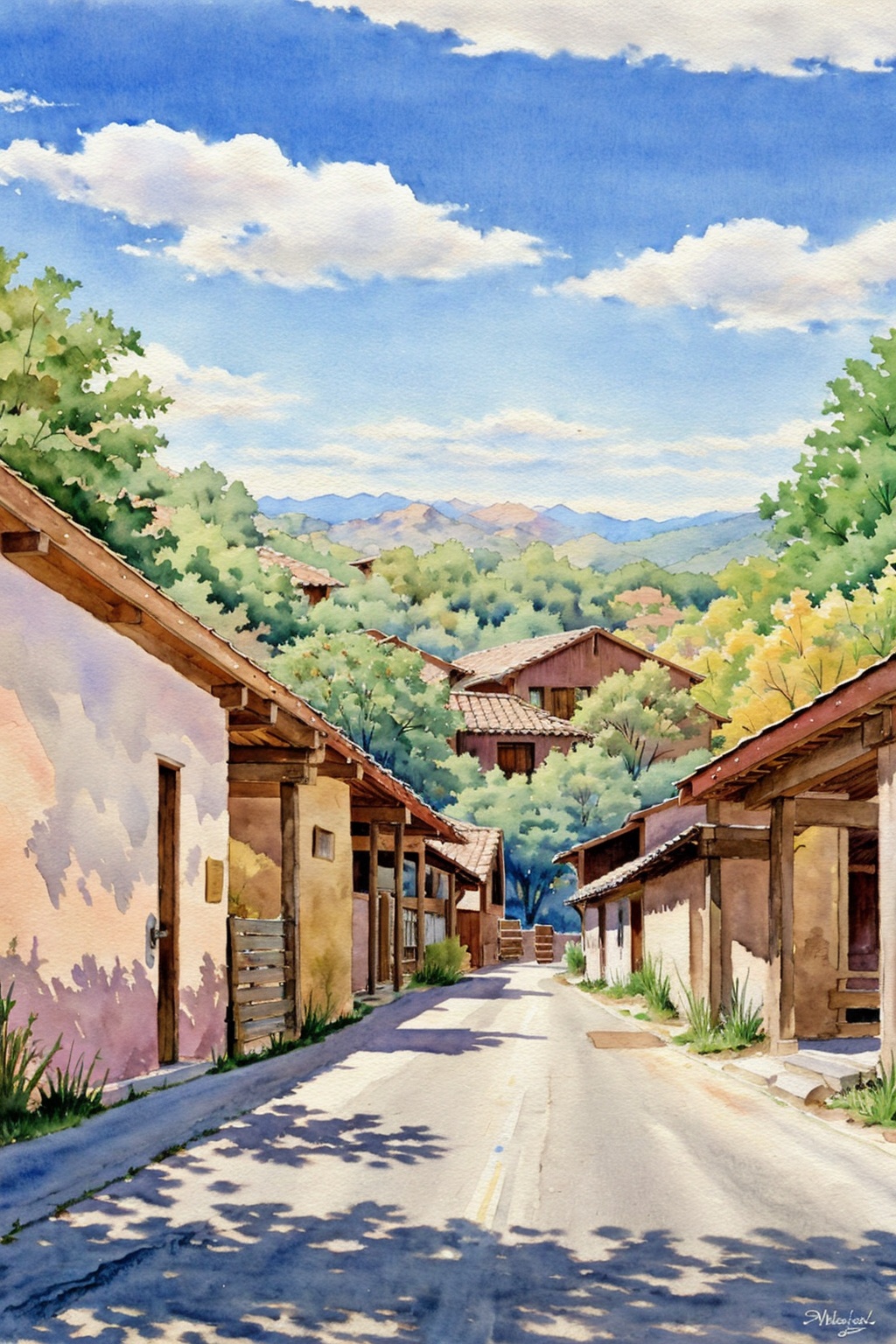 canyon,outdoors, painting, day, watercolor,sunny day, road, white clouds, distant view,<lora:mmk_watercolor:1>