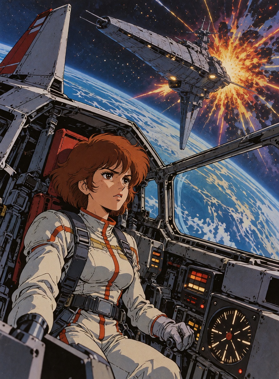 An ***** female starfighter pilot with short blonde hair inside the cockpit of a sleek transforming space fighter,  wearin...