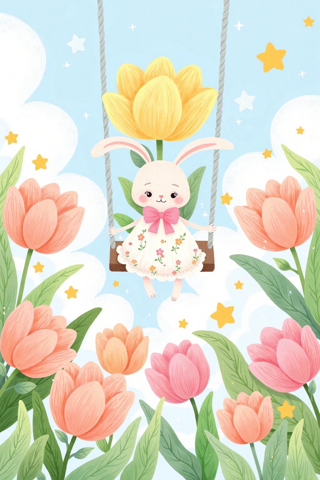 cartoon illustration,This is a whimsical cartoon hand-drawn digital illustration,Cute little bunny,dressed in a white Lolita dress with a pink bow,sitting on a swing with a huge tulip flower,surrounded by big tulips,stars,clouds,stars,cartoon illustration,