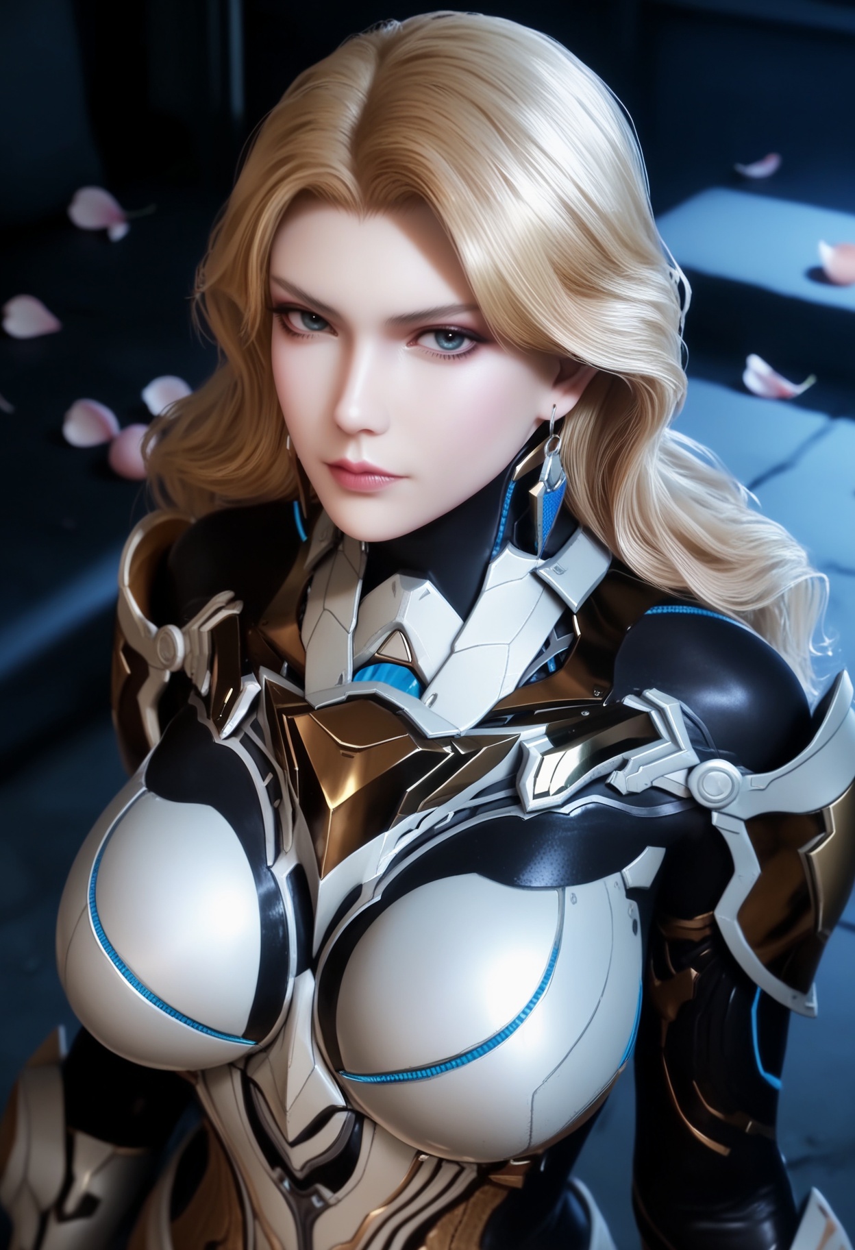 masterpiece,best quality,amazing quality,very aesthetic,high resolution,ultra-detailed,absurdres,scenery,photorealistic,(looking at viewer:1.1),upper body,(Dark room:1.3),(moody lighting:1.1),peach blossom,falling petals,large breasts,weinina,1girl,solo,blonde hair,long hair,earrings,jewelry,armor,bodysuit,blue eyes,realistic,skirt,high heels BREAK photorealistic details,<lora:QQSillweininaV2:0.8>,