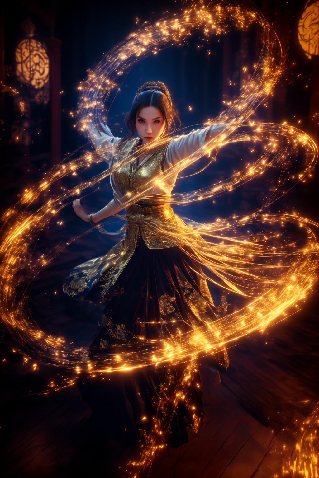 golden-aura,using golden-magic,golden-magic,ancient-costume,dancing,fighting stance,1girl,solo,<lora:magic_fighting_golden_512_15:0.8>,