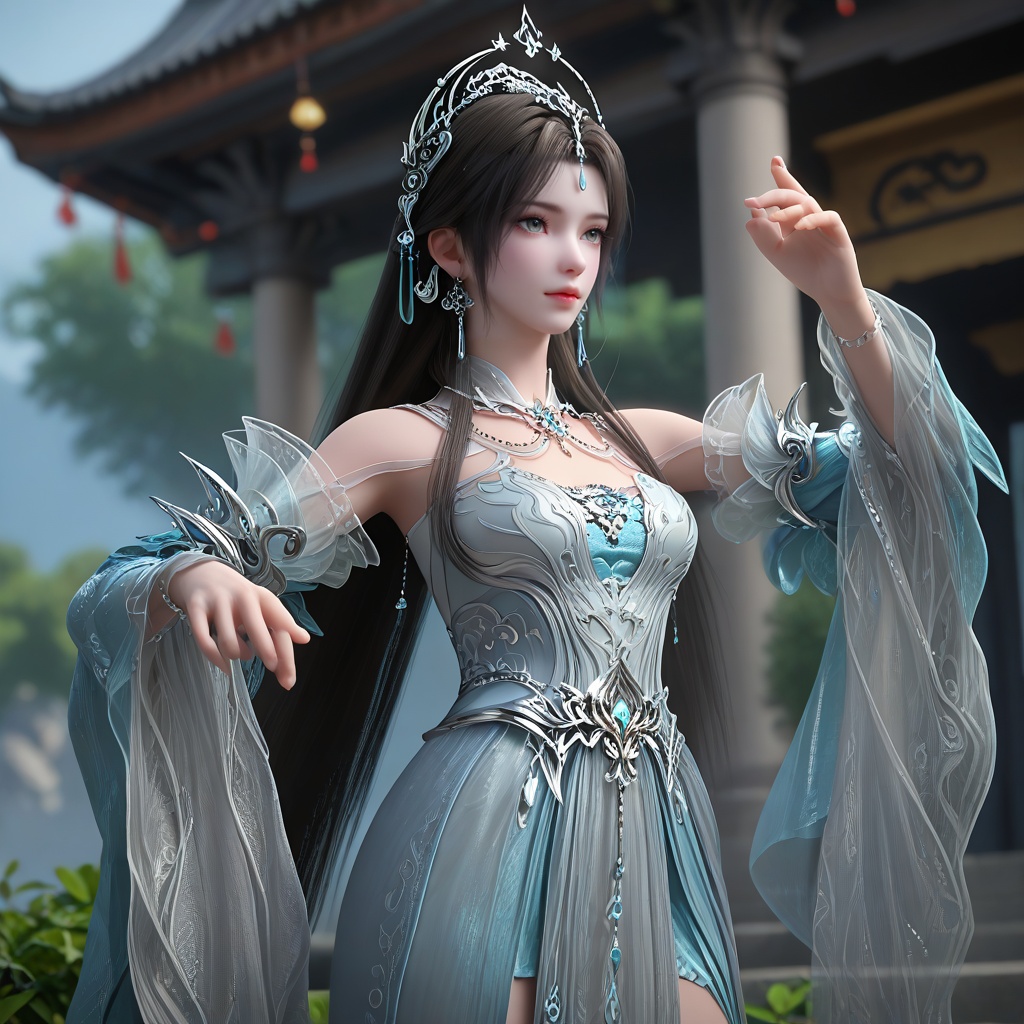 (oriental architecture, elegant decor, sophisticated style:1.1),saluting,(breasts:1.2),<lora:XL16完美世界天神书院清漪:0.95>,miss qingyi,white sheer corset dress over a pale blue underlay,grey eyes,black hair,hair ornament,half-up crown ponytail with long cascading hair,very long hair,jewelry,wide flowing sleeves,pelvic curtain,, zPDXL2, score_9, score_8_up, score_7_up BREAK realistic, masterpiece,best quality, highly detailed,, zPDXL3, zPDXL2,zPDXL, zPDXLxxx, zPDXLrl,