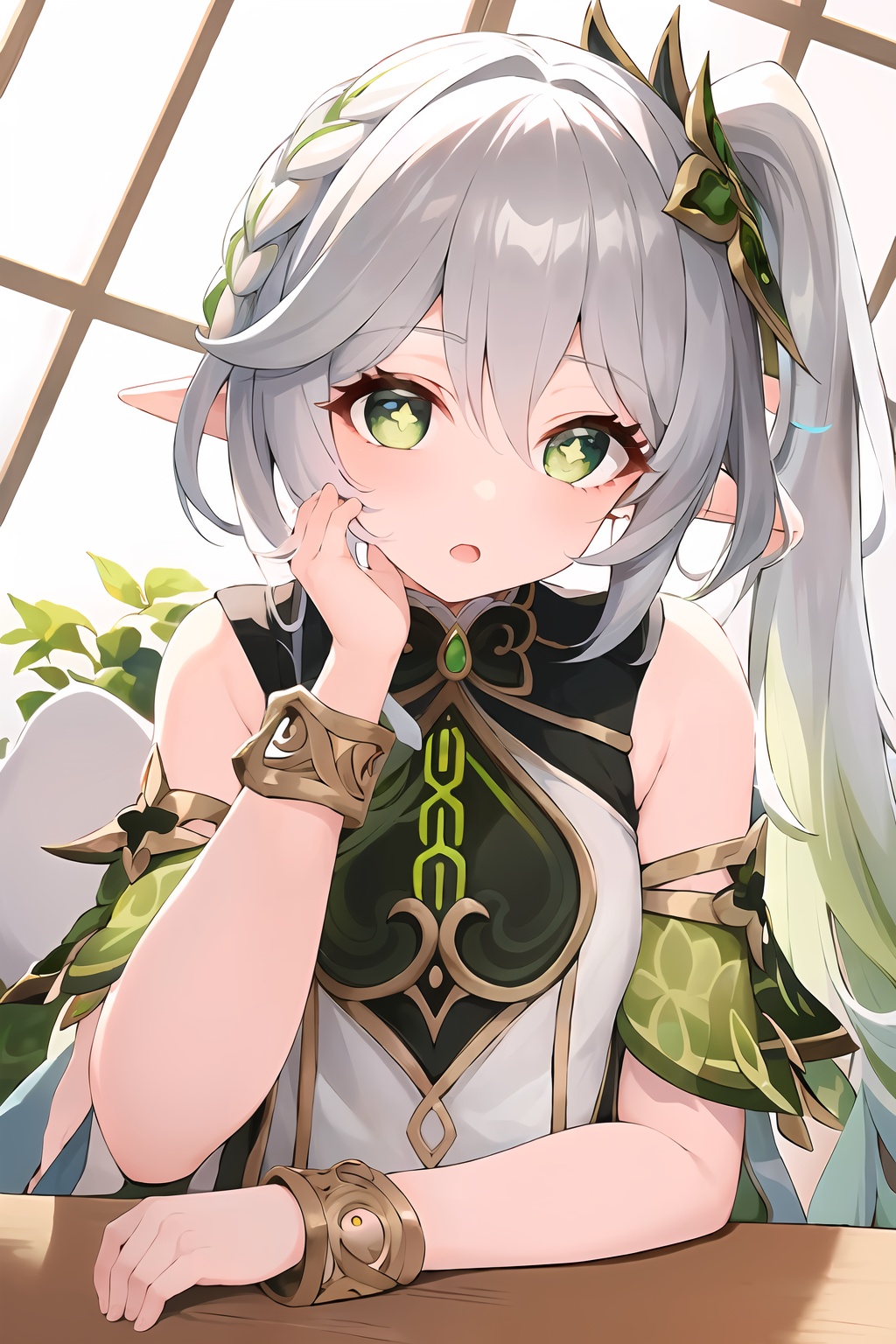 (masterpiece, best quality:1.2),insanely detailed,absurdres,ultra-highres,ultra-detailed,best quality,slender,kawaii,perfect symmetrical face,ultra cute girl,ultra cute face,ultra detailed eyes,ultra cute,ultra beautifu,toeless legwear,nahida \(genshin impact\),1girl,solo,loli,(symbol-shaped pupils),1girl,solo,loli,white dress,bare shoulders,side ponytail,hair ornament,jewelry,bracelet,detached sleeves,sleeveless dress,bloomers,bare legs,toeless legwear,short socks,<lora:nahida-000008:1>,+_+,open mouth,ndoors,sitting,hand on own cheek,table,