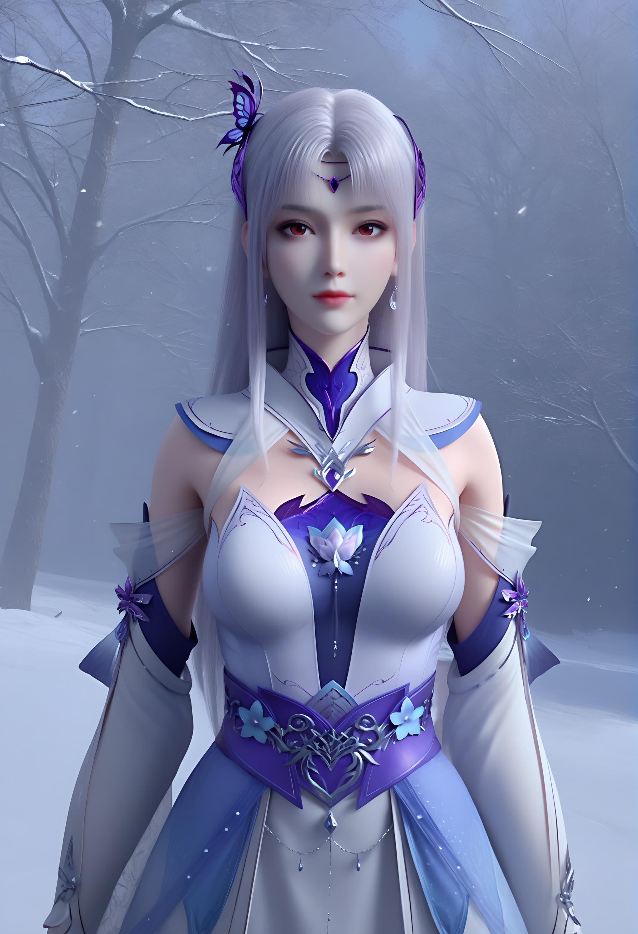 (score_9),<lora:小医仙白-apony-000008:0.83>,xiaoyixian,solo,1girl,hair ornament,long hair,silver hair,headpiece,butterfly hair ornament,crescent earrings,detached collar,chest jewel,dress,detached sleeves,jewelry,<lora:Expressive_H-000001:0.8>,light blush,looking at viewer,front view,red eyes,dutch angle,dynamic_angle,(mature_female:1.2),collarbone,pointy breasts,puffy breasts,(large teardrop breasts),<lora:e肤色滑块:0.5>,fair_skin,(pale_skin),(white_skin),<lora:e色温:0.35>,light skin,ultra-detailed skin texture,detailed textures,<lora:皮肤凹痕:1.2>,BREAKsimple background,in snow,Tyndall effect,available light,depth of field,tree,snowflakes,branch,twig,4K ultra HD,sharp focus,high detail,natural lighting,high contrast,