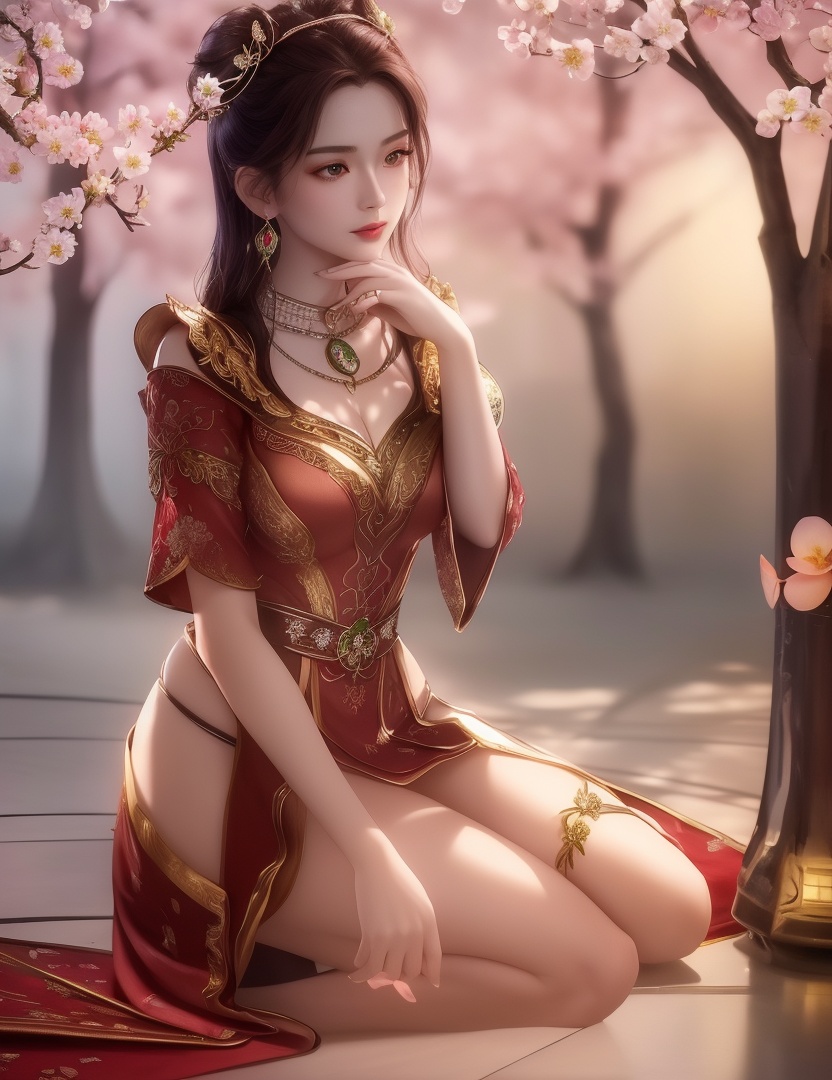 ultra realistic 8k cg, picture-perfect face, flawless, clean, masterpiece, professional artwork, famous artwork, cinematic lighting, cinematic bloom, perfect face, beautiful face, fantasy, dreamlike, unreal, science fiction,  beautiful clothes, lace, lace trim, lace-trimmed legwear,  (rich:1.4), prestige, luxury, jewelry, diamond, gold, pearl, gem, sapphire, ruby, emerald, intricate detail, delicate pattern, charming, alluring, seductive, erotic, enchanting, hair ornament, necklace, earrings, bracelet, armlet,halo((,1girl, pov,))(((,peach blossom, branch, 1girl, tree, spring_\(season\), solo, petals, black_hair, japanese_clothes,looking at viewer, )))    <lora:DA_MaXiaoTao:0.6>