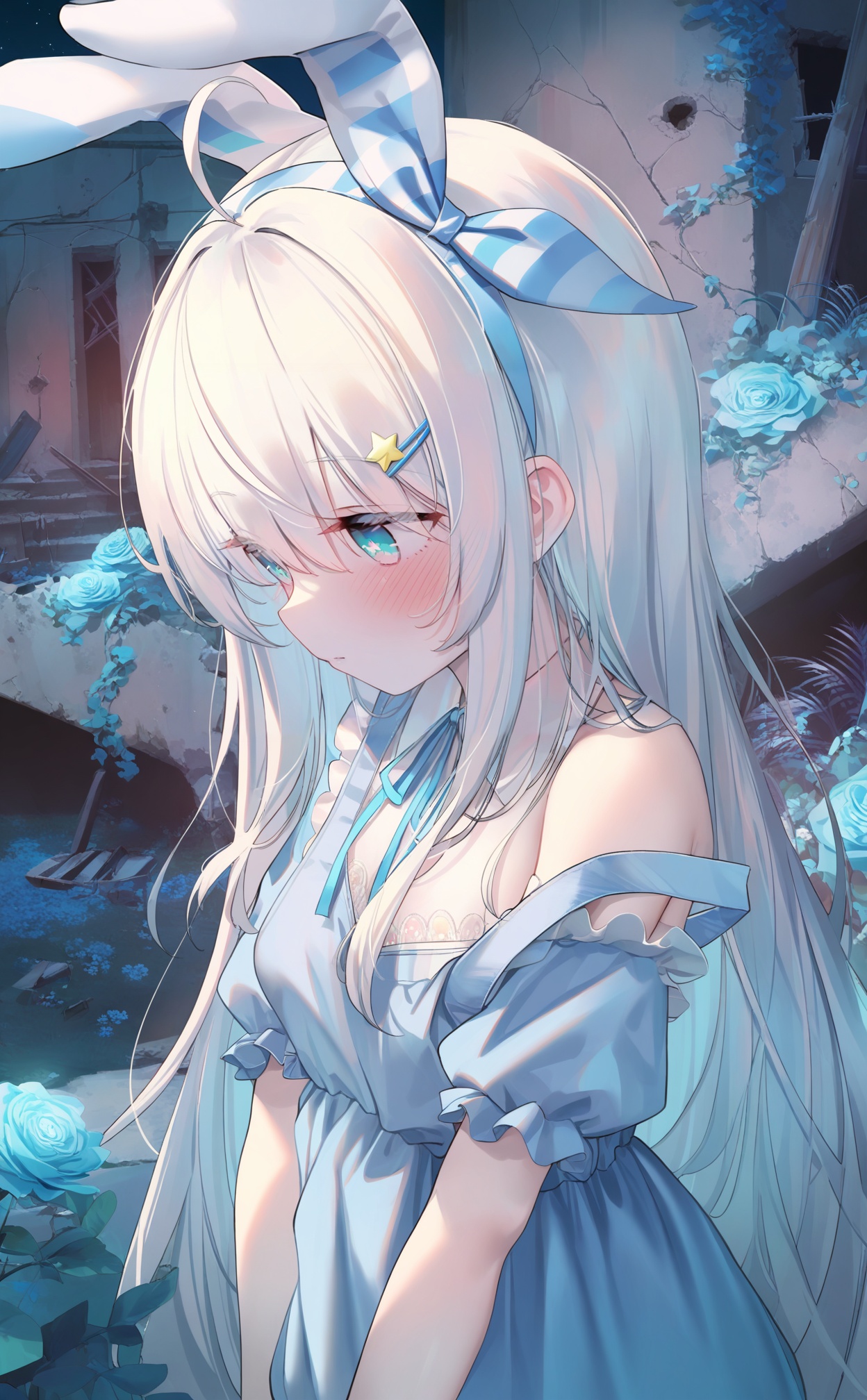 masterpiece,absurdres,best quality,loli,petite,high quality,chromatic_aberration,nsfw,//,1girl,solo,long hair,tender sister,upper body,blush,unusual pupils,clothed,Flowers,cornflowers,late at night,ruins,blue flowe,flower sea,//,Lanlan,1girl,ahoge,silver hair,pale_skin,gradient eyes,aqua eyes,fair_skin,very long hair,alice_\(alice_in_wonderland\),necklace,petite,long hair,white hair,bangs,blue eyes,medium breasts,hair ornament,ribbon,hair between eyes,fake animal ears,hair ribbon,hairband,hairclip,star \(symbol\),neck ribbon,blue ribbon,star hair ornament,blue hairband,rabbit ears,blue ears,wardrobe_error,strap_slip//,<lora:guizhencao3——【noob】hans:1>,